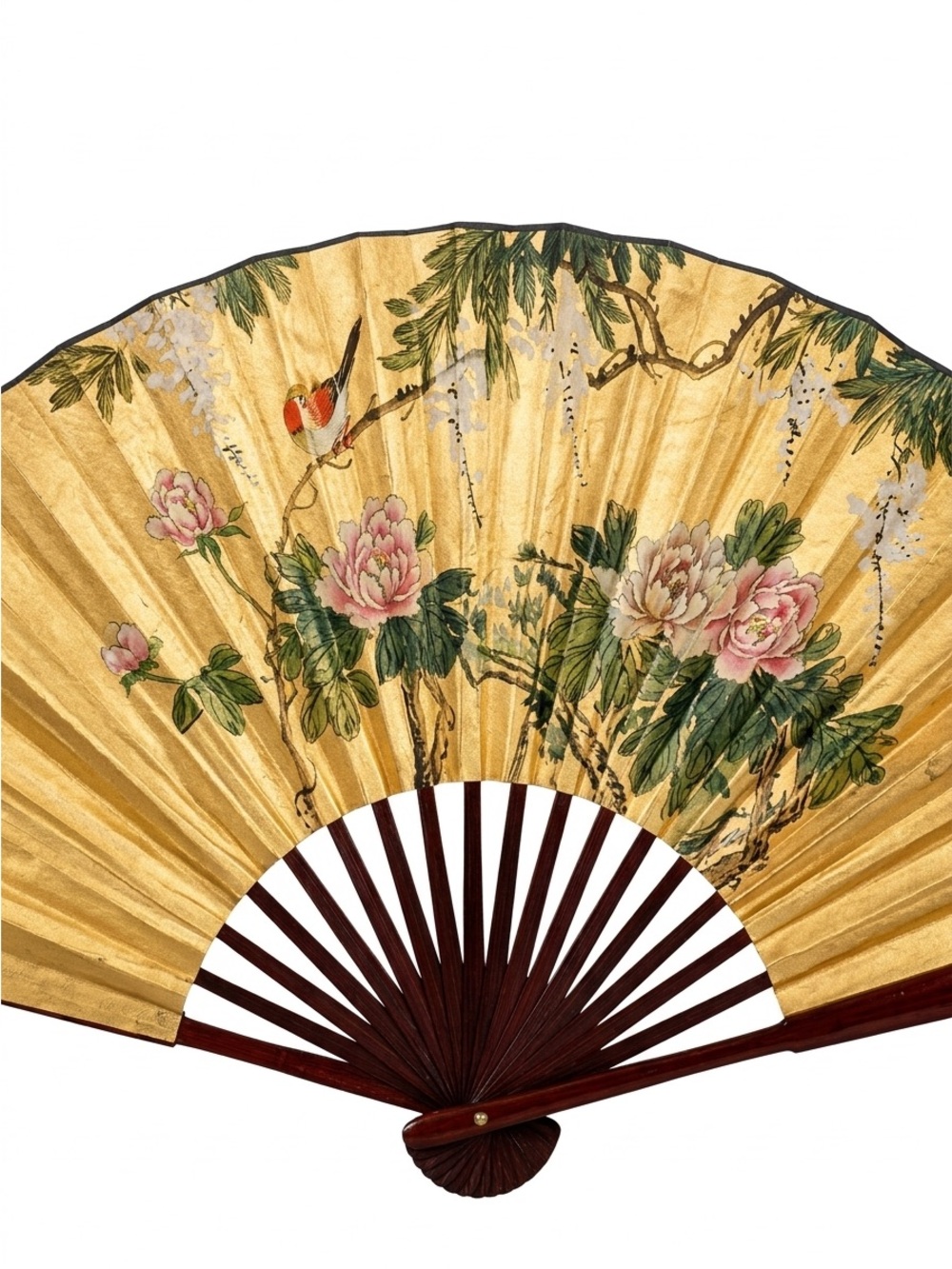 Gold Floral Hand Fan with Pink Peony Design
